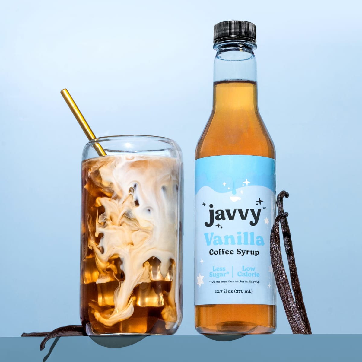 Javvy Vanilla Coffee Syrup with iced coffee